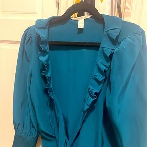 Teal Diane von Furstenberg 100% silk wrap blouse.